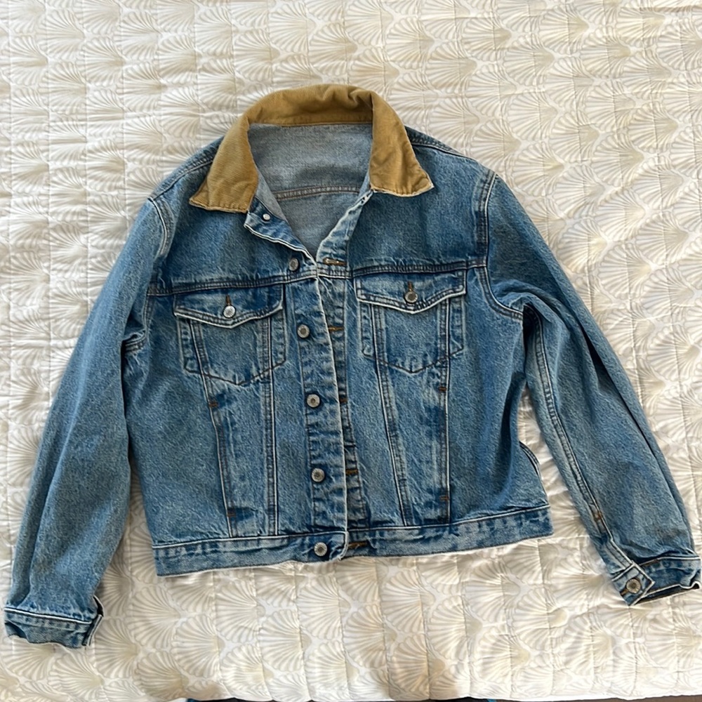 Vintage Graphic Denim / Fall Jean Jacket with Corduroy Collar / work jacket